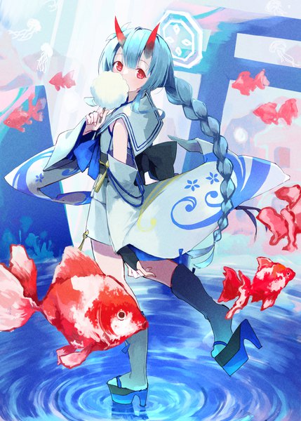 Anime-Bild 2591x3624 mit blue archive chise (blue archive) tokorinowa single tall image looking at viewer highres red eyes blue hair full body braid (braids) very long hair horn (horns) single braid oni horns ripples girl detached sleeves animal socks