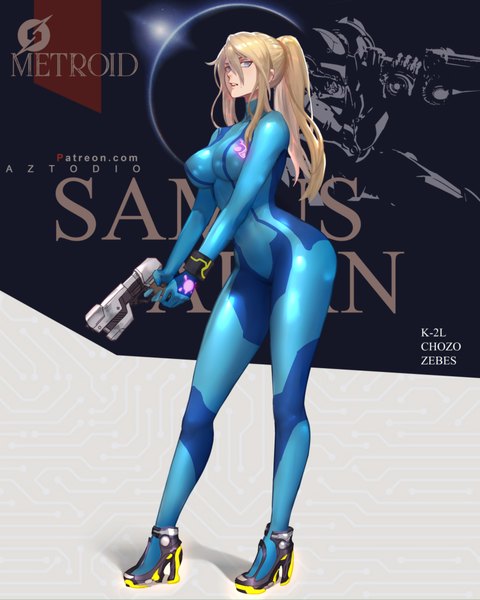 Anime picture 4000x5000 with metroid samus aran azto dio single long hair tall image looking at viewer fringe highres breasts blue eyes light erotic blonde hair hair between eyes large breasts standing holding signed payot absurdres