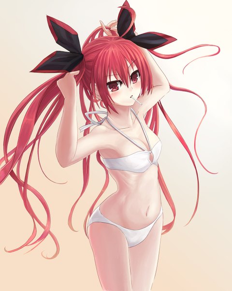 Anime picture 1200x1498 with date a live itsuka kotori ??? (artist) long hair tall image blush light erotic red eyes twintails red hair underwear only girl navel underwear panties bow hair bow