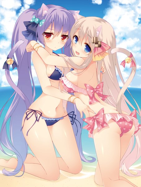 Anime picture 737x973 with original miko (royal milk) long hair tall image breasts blue eyes light erotic multiple girls brown eyes animal ears sky purple hair cloud (clouds) tail very long hair animal tail grey hair cat ears cat girl cat tail