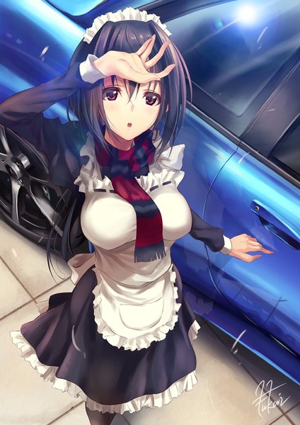 Anime picture 700x990 with original fukai ryosuke single long hair tall image looking at viewer breasts open mouth black hair large breasts standing brown eyes ponytail from above maid looking up girl dress uniform frills