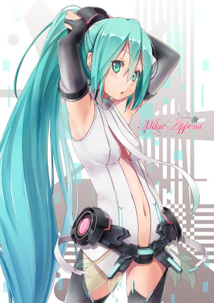 Anime picture 1399x1980 with vocaloid vocaloid append hatsune miku hatsune miku (append) miu (angelo whitechoc) single tall image looking at viewer blush fringe breasts open mouth light erotic hair between eyes standing payot ponytail very long hair aqua eyes aqua hair