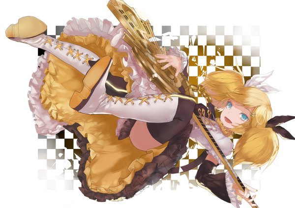 Anime picture 1417x1002 with vocaloid kagamine rin ran (pixiv2957827) single long hair open mouth blue eyes blonde hair twintails girl thighhighs dress black thighhighs boots guitar