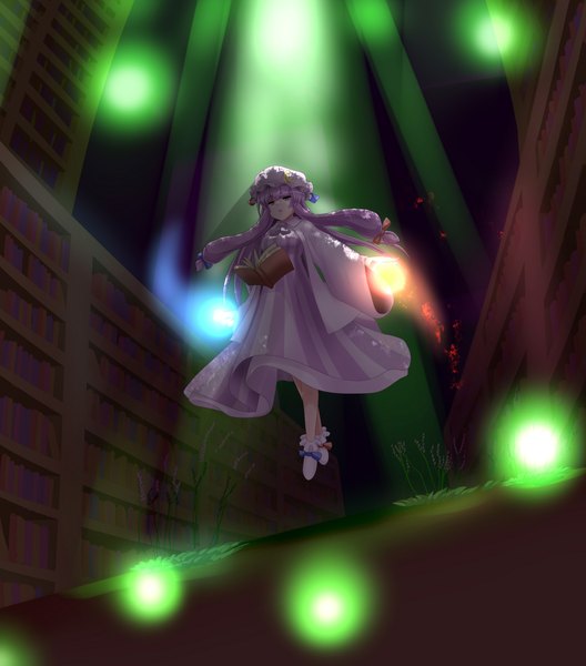 Anime picture 1980x2250 with touhou patchouli knowledge miki plus long hair tall image highres purple eyes purple hair weightlessness girl dress book (books) shelf bookshelf