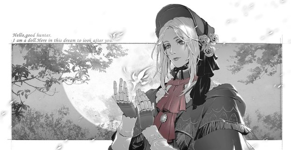 Anime picture 1110x575 with bloodborne from software plain doll yufy single fringe wide image looking away white hair lips arms up glowing monochrome androgynous girl hat cape