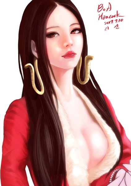 Anime picture 1920x2716 with one piece toei animation boa hancock happyface single long hair tall image looking at viewer highres breasts light erotic black hair simple background large breasts white background brown eyes cleavage upper body lips realistic