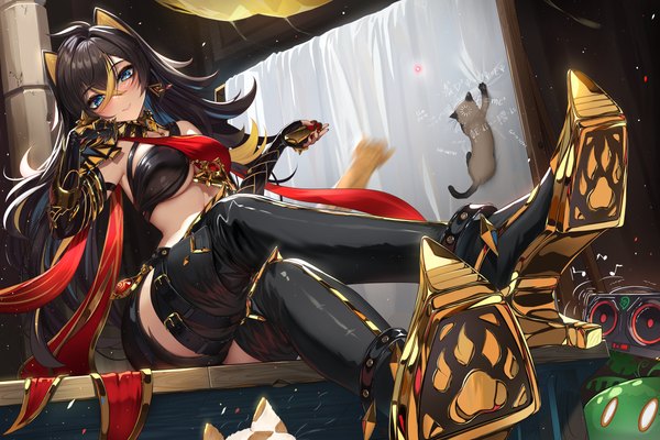 Anime picture 6000x4000 with genshin impact slime (genshin impact) dehya (genshin impact) nekoda (maoda) single long hair looking at viewer blush fringe highres breasts blue eyes light erotic black hair smile hair between eyes large breasts sitting holding animal ears