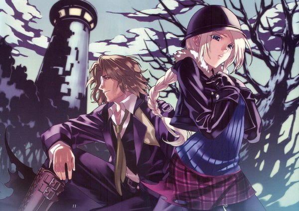 Anime picture 1400x987 with folkssoul - lost folklore ellen (folkssoul) keats hirano katsuyuki long hair short hair blue eyes blonde hair brown hair standing sitting brown eyes cloud (clouds) braid (braids) profile open clothes open jacket plaid skirt girl boy