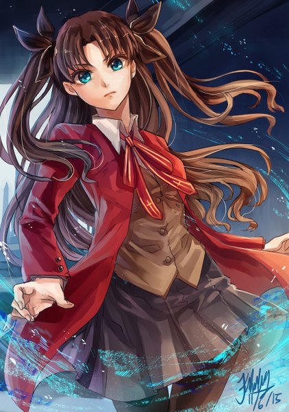 Anime picture 900x1279 with fate (series) fate/stay night type-moon toosaka rin k ptn single long hair tall image looking at viewer brown hair twintails signed pleated skirt aqua eyes wind dated girl skirt uniform ribbon (ribbons)