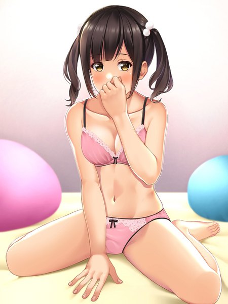 Anime picture 960x1280 with original takocha single tall image looking at viewer blush fringe short hair breasts light erotic black hair sitting twintails bare shoulders brown eyes cleavage barefoot underwear only wariza short twintails