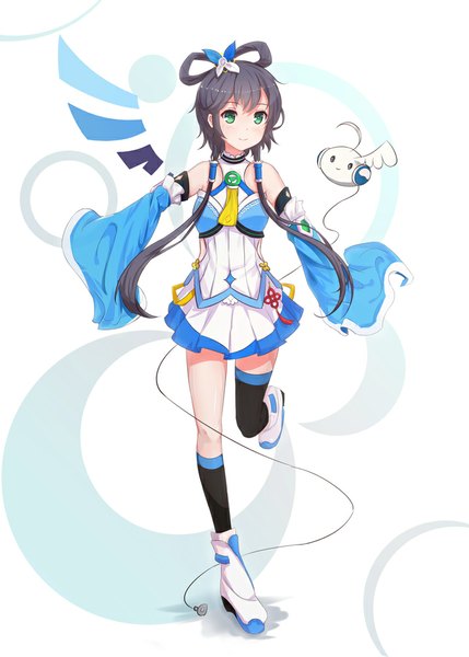 Anime picture 715x1000 with vocaloid vocaloid china luo tianyi byakuya reki single long hair tall image blush black hair smile twintails green eyes bent knee (knees) pleated skirt wide sleeves girl thighhighs skirt black thighhighs detached sleeves