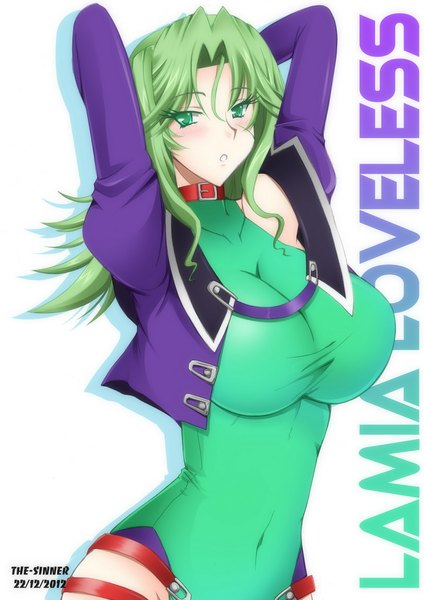 Anime picture 800x1131 with super robot wars lamia loveless the-sinner single tall image blush breasts light erotic simple background large breasts white background green eyes looking away green hair open clothes open jacket girl jacket