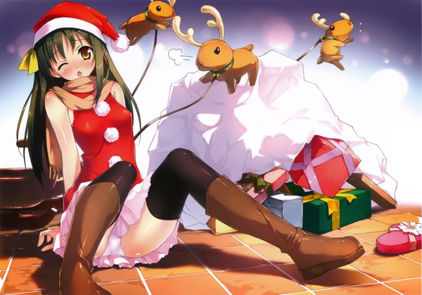 Anime picture 4400x3073 with original kantoku single long hair looking at viewer blush highres open mouth light erotic sitting bare shoulders yellow eyes absurdres one eye closed green hair pantyshot christmas girl thighhighs underwear