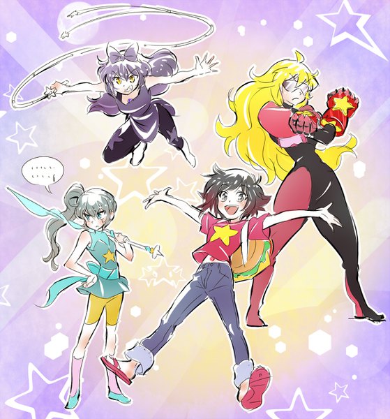 Anime picture 1191x1280 with rwby steven universe rooster teeth ruby rose weiss schnee blake belladonna yang xiao long pearl (steven universe) amethyst (steven universe) garnet (steven universe) steven quartz universe iesupa long hair tall image short hair blue eyes blonde hair multiple girls holding yellow eyes