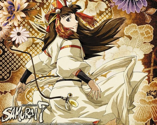 Аниме картинка 1024x819 с 7 самураев gonzo kirara длинные волосы каштановые волосы карие глаза оглядывается сзади девушка украшения для волос цветок (цветы) шляпа