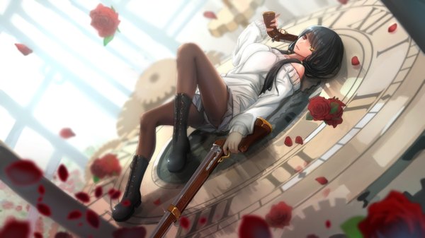 Anime-Bild 3162x1778 mit date a live tokisaki kurumi kikivi single long hair highres light erotic black hair wide image pantyshot heterochromia girl skirt underwear panties flower (flowers) weapon miniskirt petals pantyhose