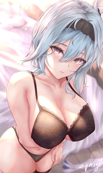 Anime picture 1020x1700 with genshin impact eula lawrence zynxy single long hair tall image looking at viewer blush fringe breasts light erotic hair between eyes large breasts standing purple eyes bare shoulders signed blue hair cleavage from above