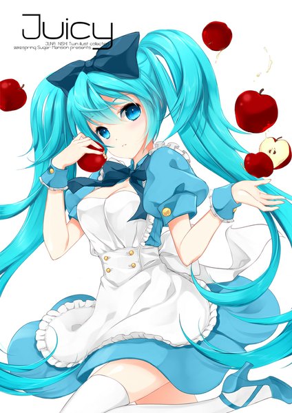 Anime picture 707x1000 with vocaloid hatsune miku juna single long hair tall image looking at viewer blue eyes simple background white background twintails blue hair girl thighhighs dress bow hair bow white thighhighs fruit apple