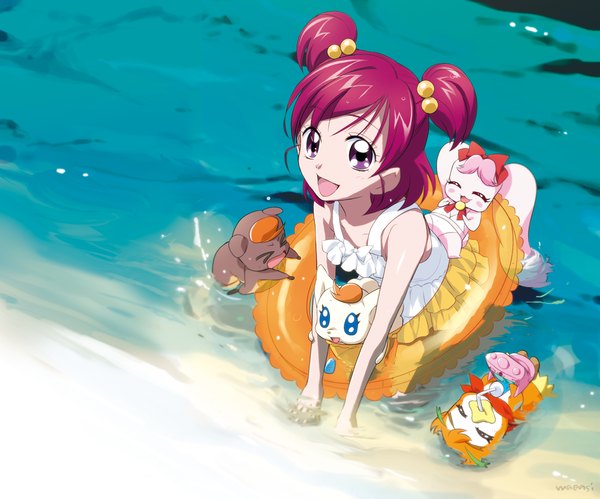 Anime picture 1000x833 with precure yes! precure 5 toei animation yumehara nozomi maeashi looking at viewer blush short hair open mouth purple eyes purple hair two side up beach girl swimsuit swim ring