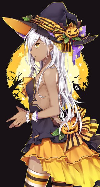 Anime picture 539x1000 with original flywinga7 single long hair tall image looking at viewer fringe breasts bare shoulders yellow eyes white hair parted lips profile zettai ryouiki sideboob dark skin striped halloween hands clasped girl