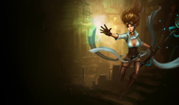 Anime picture 1215x717 with league of legends janna windforce single long hair brown hair wide image green eyes cleavage pointy ears underbust steam punk girl thighhighs dress gloves black thighhighs glasses shorts white dress thigh boots