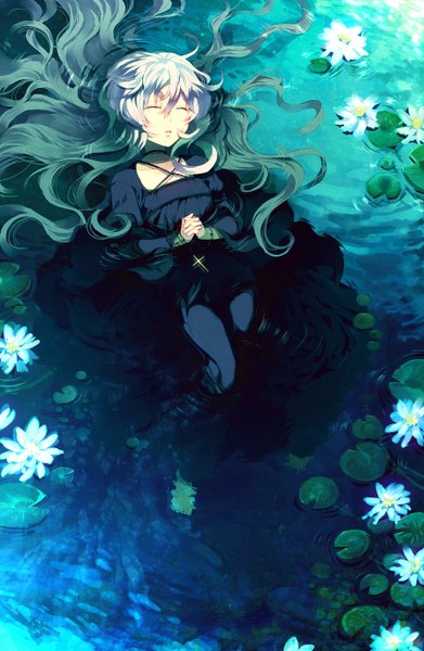Anime picture 900x1380 with original sunakumo single long hair tall image open mouth blonde hair lying eyes closed girl dress flower (flowers) water black dress cross water lily