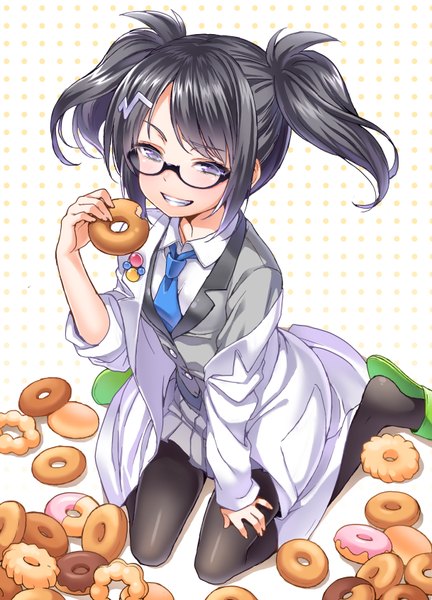 Anime picture 609x845 with pop'n music root@chou dou-ken shouni (sato3) single tall image blush fringe short hair black hair simple background smile purple eyes twintails full body short twintails girl glasses food sweets doughnut
