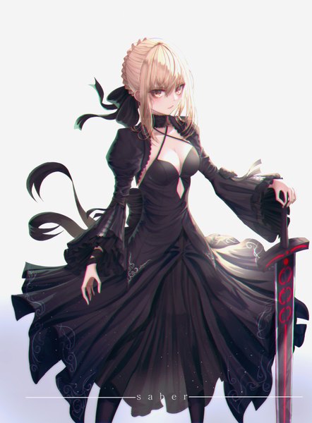 Anime picture 2951x4000 with fate (series) fate/grand order artoria pendragon (all) saber alter domi (hyaku8795) single tall image looking at viewer blush fringe highres short hair breasts light erotic blonde hair simple background hair between eyes holding yellow eyes payot