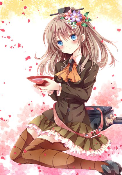Anime picture 700x1000 with kantai collection kumano heavy cruiser nogi takayoshi long hair tall image blush blue eyes brown hair hair flower happy new year girl dress hair ornament flower (flowers) weapon petals