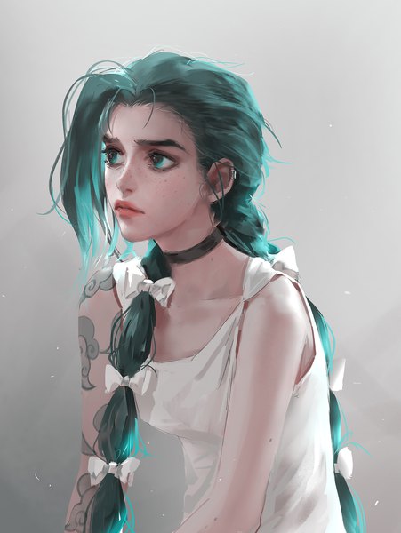 Anime picture 2839x3776 with league of legends jinx (league of legends) nixeu single long hair tall image fringe highres simple background bare shoulders looking away upper body braid (braids) aqua eyes lips realistic aqua hair grey background tattoo sleeveless