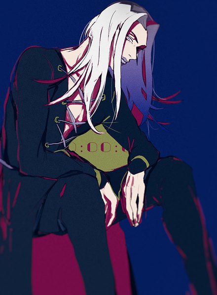Anime picture 620x846 with jojo no kimyou na bouken leone abbacchio mizudama single long hair tall image looking at viewer simple background sitting silver hair lipstick blue background purple lipstick boy