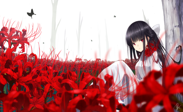 Anime picture 2071x1269 with original makadamia single long hair looking at viewer fringe highres black hair red eyes wide image sitting signed payot outdoors blunt bangs traditional clothes japanese clothes blurry against tree girl