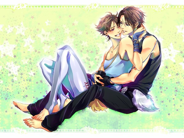 Anime picture 1640x1240 with final fantasy dissidia final fantasy square enix squall leonhart bartz klauser juugatsu blush short hair blue eyes simple background smile brown hair sitting purple eyes bare shoulders one eye closed barefoot wink hug scar