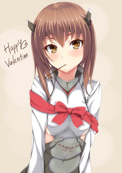 Anime picture 2079x2953 with kantai collection taihou armored aircraft carrier nekur single long hair tall image looking at viewer blush fringe highres light erotic simple background brown hair yellow eyes grey background valentine girl food sweets clothes