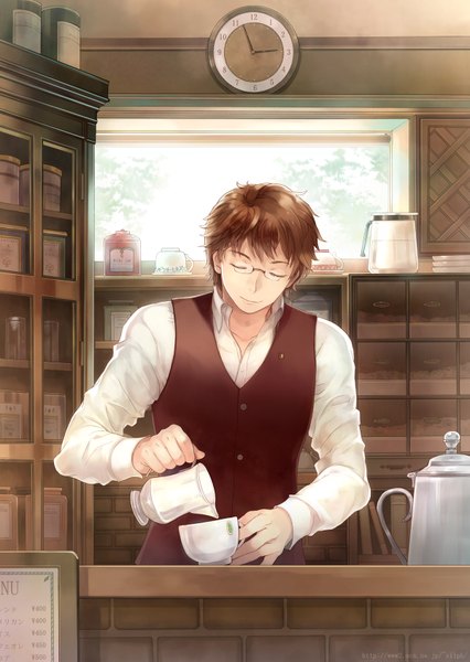 Anime picture 1200x1688 with original takeda mika single tall image short hair brown hair holding eyes closed boy shirt glasses window book (books) vest clock cup teapot wall clock jar menu