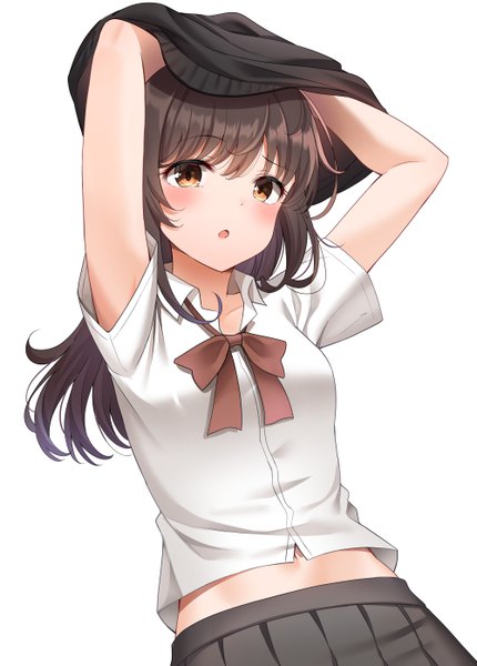 Anime picture 4000x5583 with original nyung single long hair tall image looking at viewer blush fringe highres open mouth simple background brown hair standing white background brown eyes absurdres pleated skirt arms up :o short sleeves