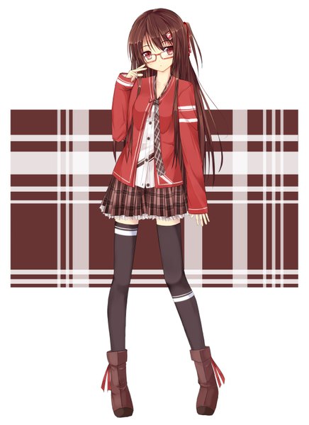 Anime picture 1127x1548 with original niboss long hair tall image black hair simple background red eyes standing white background pleated skirt zettai ryouiki one side up plaid skirt girl thighhighs skirt hair ornament black thighhighs miniskirt glasses