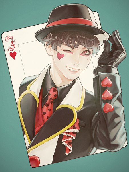 Anime picture 739x980 with alice in wonderland disney jack heart fioletovyy single tall image looking at viewer fringe short hair simple background smile red eyes brown hair upper body one eye closed wink grin facial mark adjusting hat aqua background