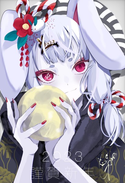 Anime picture 2025x2966 with original goma irasuto single tall image looking at viewer highres short hair smile red eyes holding animal ears silver hair nail polish bunny ears hieroglyph new year white skin happy new year 2023 girl