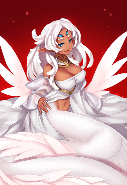 Anime picture 731x1061 with original hazuki gean single tall image breasts open mouth blue eyes simple background large breasts white hair pointy ears dark background red background girl navel wings