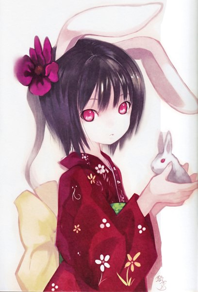 Anime picture 2724x4000 with touhou inaba tewi inaba kiran single tall image looking at viewer highres short hair black hair animal ears japanese clothes profile pink eyes bunny ears girl hair ornament kimono obi yukata