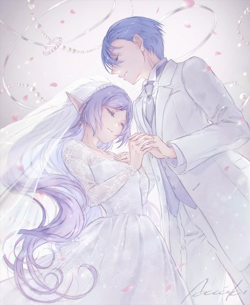 Anime picture 1227x1500 with sousou no frieren frieren himmel (sousou no frieren) lira mist long hair tall image short hair blue hair silver hair eyes closed from above pointy ears couple elf interlocked fingers girl dress boy white dress suit