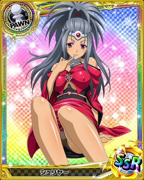 Anime picture 640x800 with highschool dxd single long hair tall image looking at viewer light erotic red eyes traditional clothes japanese clothes grey hair card (medium) girl hair ornament underwear panties kimono