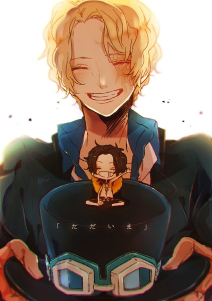 Anime-Bild 750x1061 mit one piece toei animation portgas d. ace sabo (one piece) shuta (pixiv id10357089) tall image short hair black hair simple background blonde hair smile white background holding eyes closed scar chibi ^ ^ boy hat goggles