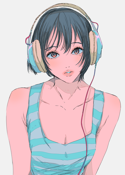 Anime picture 1430x2000 with original najuco (naju0517) single tall image looking at viewer fringe short hair black hair hair between eyes brown eyes cleavage upper body parted lips lips mole sleeveless mole under eye girl headphones