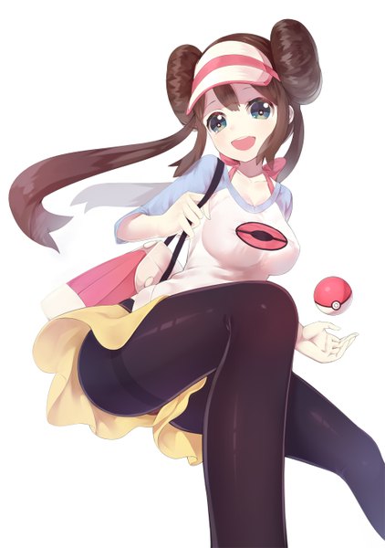 Anime picture 1000x1420 with pokemon pokemon black and white nintendo rosa (pokemon) ririko (zhuoyandesailaer) single long hair tall image looking at viewer open mouth blue eyes simple background brown hair white background twintails hair bun (hair buns) girl dress pantyhose bag