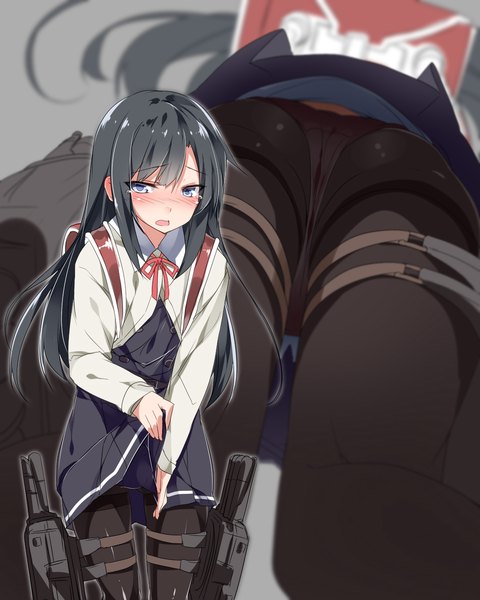 Anime picture 2048x2560 with kantai collection asashio destroyer mtu (orewamuzituda) single long hair tall image blush highres open mouth blue eyes light erotic black hair simple background standing payot looking away grey background from below embarrassed tears