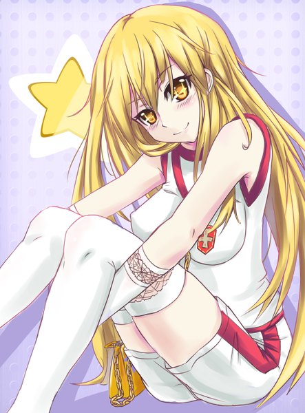 Anime picture 1000x1352 with to aru kagaku no railgun to aru majutsu no index j.c. staff shokuhou misaki kamiljm long hair tall image looking at viewer blush light erotic blonde hair smile yellow eyes + + girl thighhighs gloves uniform white thighhighs elbow gloves