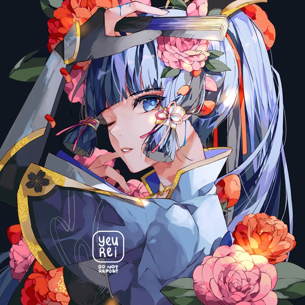 Anime picture 1100x1100 with genshin impact kamisato ayaka yeurei single long hair looking at viewer fringe blue eyes signed blue hair upper body ponytail blunt bangs hair flower girl flower (flowers) petals fan hair tubes closed fan