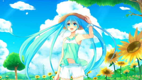 Anime picture 1920x1077 with vocaloid hatsune miku sakakidani single long hair looking at viewer highres open mouth smile wide image twintails aqua eyes aqua hair armpit (armpits) sleeveless summer wrist scrunchie cropped girl flower (flowers)